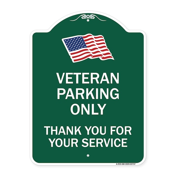 Signmission Veteran Parking Thank You for Your Service, Green & White Aluminum Sign, 18" x 24", GW-1824-22737 A-DES-GW-1824-22737 - main